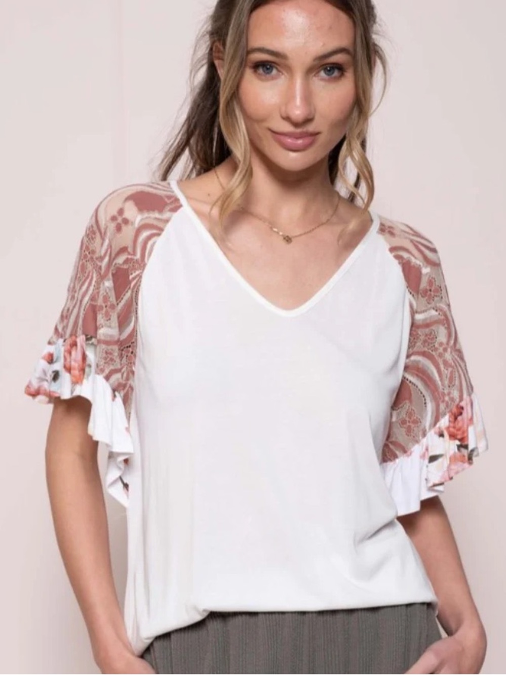 Cream V-Neck Top with Printed Ruffle Sleeves with Lace Mix In